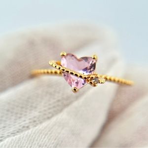 Pink CZ Heart Cut 18k Gold-Plated Skinny Band Ring - In Love Ring - Size 7